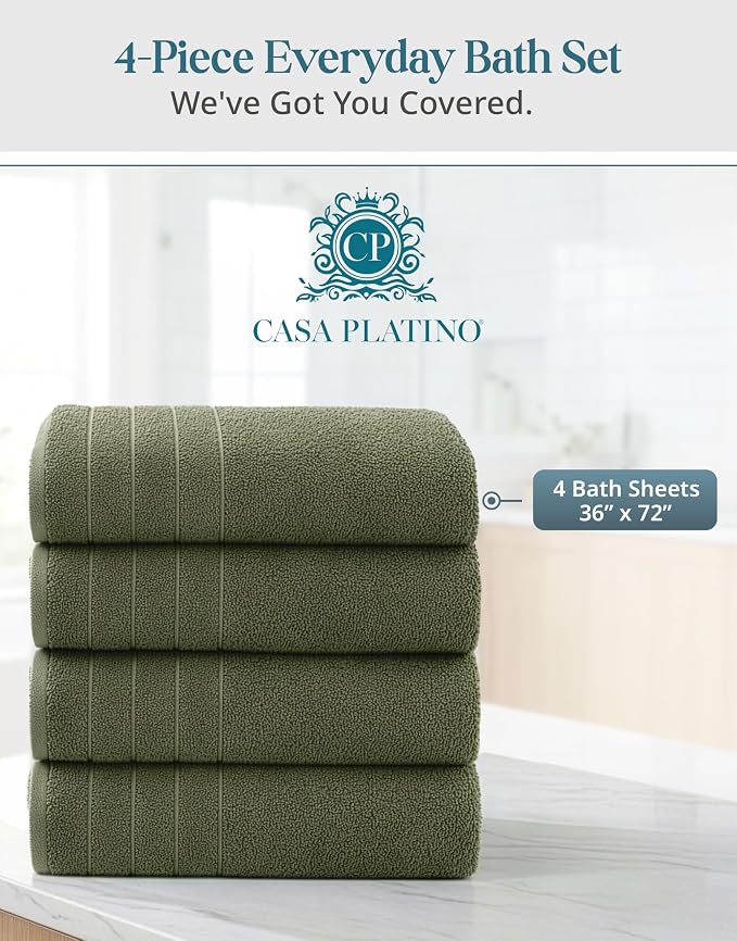 Casa Platino 100% Cotton Bath Sheets Pack of 4 (36"x72") - Ring Spun Mercerized Cotton Bathroom Towel Set - Quick Dry, Soft & Absorbent Large Bath Towels - Holds Well After Multiple Washes - Oil Green