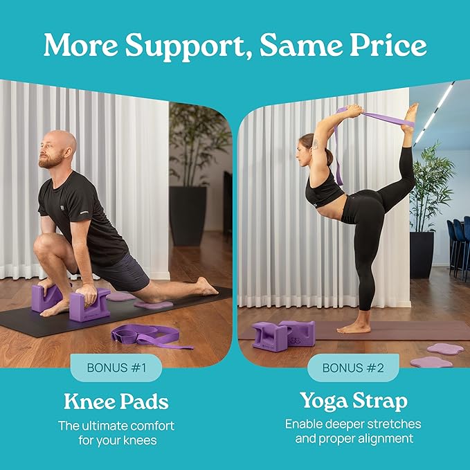 PRO Yoga Blocks | Ergonomic Yoga Block 2 Pack for Wrist Comfort and Support | EVA Foam Exercise Blocks, 2x Knee Pads & Yoga Strap | Pilates Block Set | Bricks to Eliminate Wrist Pain
