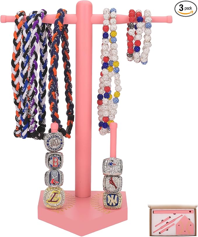 Baseball Ring Display Holder for Championship Rings & Necklaces, Wooden Sports Jewelry Organizer with Bat Stand for Baseball Softball Players, Athlete Gift Display Case for Rings Bracelets Medals,Pink