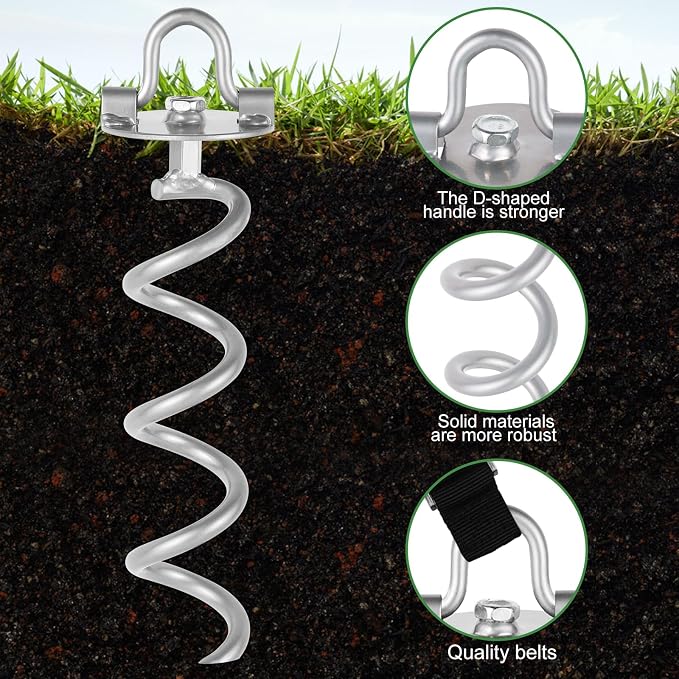 MIXXIDEA Gound Anchors Screw in, Metal Spiral Earth Anchors Kit, Heavy Duty Folding Ring Spiral Stake with Straps, Ground Stakes for Tent (Silver, 11.4 Inch with 92in Strap)