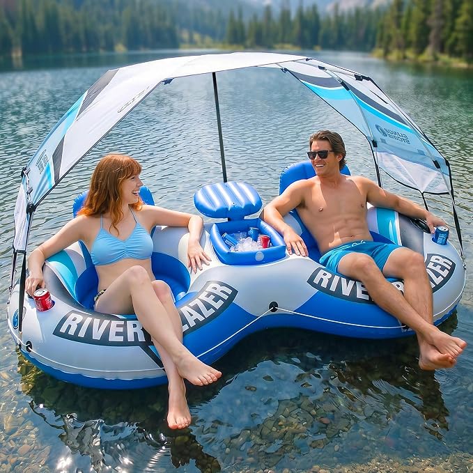 Sunlite Sports River Tube with Canopy for 1 or 2 Person - Heavy Duty Inflatable Water Float with Cup Holders, UV Sun Protection, Comfortable Lounge Design for Lake, River, Pool