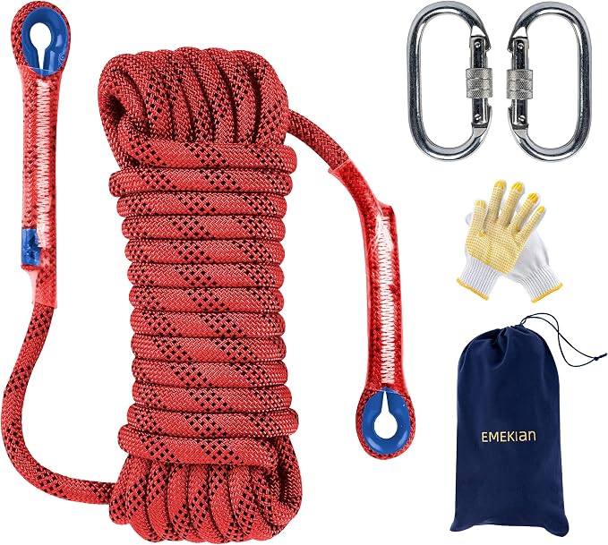 Indoor Outdoor Climbing Rope, 10/12/14mm (32FT/49FT/65FT/98FT) Static Rock Climbing Rope for Escape Rope, Ice Climbing Equipment, Fire Safety Rescue Rope, with Non Slip Gloves