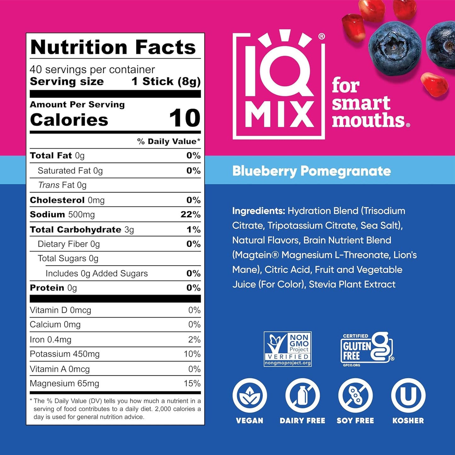 IQMIX Hydration Electrolyte Powder – 4-in-1 Formula for Hydration, Mental Clarity, Mood and Recovery – Sugar-Free Drink Mix, Keto, Magnesium L-Threonate, Lion’s Mane – 40 Count Blueberry Pomegranate