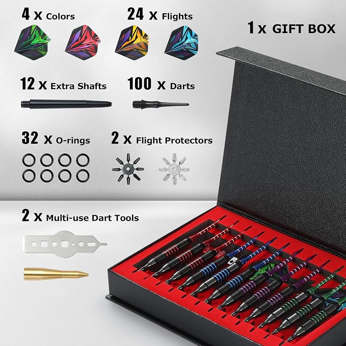 Soft Tip Darts Set with Gift Box Dart Case Professional Darts Plastic Tip with 100 Dart Tips 12 Shafts 24 Flights Tool Kit Flight Protectors for Electronic Dart Board
