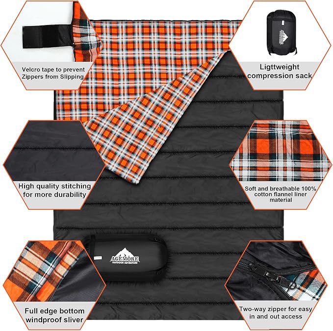 Cotton Flannel Double Sleeping Bag for Camping, Backpacking Or Hiking. Queen Size 2 Person Waterproof Sleeping Bag for Adults Or Teens. Lightweight with Compression Sack