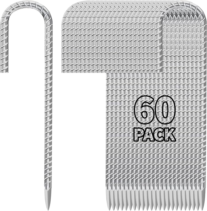 Besitu 12 Inch Ground Stakes Heavy Duty J Hook 60-Pack Metal Spikes Galvanized Ground Hooks Anchors Rebar Ground Stakes for Fence Tent Gazbo Bounce House and Outdoor Decorations Inflatables