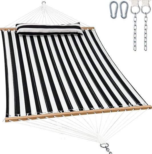GAFETE Hammock 2 Person Quilted Fabric Hammocks for Outside, Double 12ft Hammocks with Spreader Bar, Large Removable Pillow, Storage Bag, Carabiners, Max 475 lbs Capacity (Black White)
