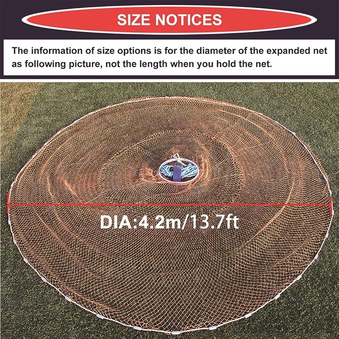 Cast Fishing Net with Aluminum Frame, 0.8 inch Mesh, 7.8-13.8 ft Diameter