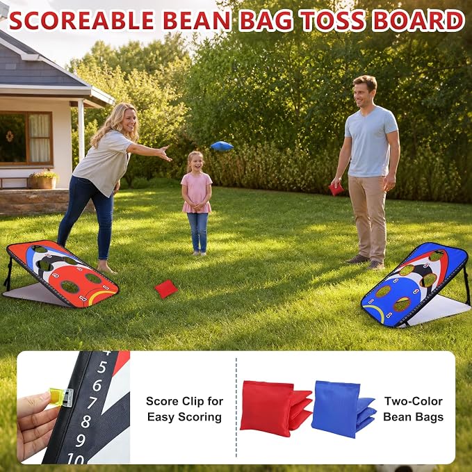 Collapsible Cornhole Board Set, AYAMAYA 2 x 3ft Portable Double Sided Corn Hole Games & Golf Game, Camping Games with 8 Bean Bags & 12 Sticky Balls for Outdoor Beach Lawn Yard Family Party Toys
