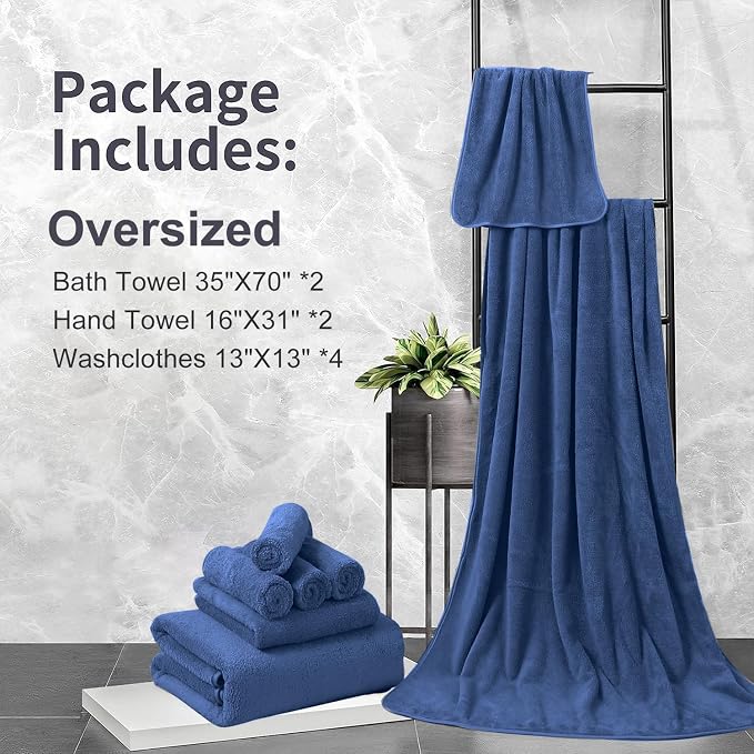 8 Pcs Navy Bath Towels Set,2 Pcs Oversized Towels 35x70 Inch/2 Pcs Hand Towels/4 Pcs Washcloth 600 GSM Bathroom Towels Quick Dry Towel Ultra Soft Absorbent Towels Set for Hotel Spa Gym