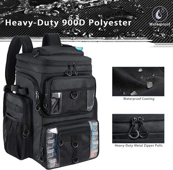 Fishing Backpack with 4 Tackle Boxes, 55L Large Tackle Box Backpack with 4 Rod Holders, Waterproof 900D Tackle Backpacks with Cooler & Clear Gear Windows, Fishing Gifts for Men Women, Black
