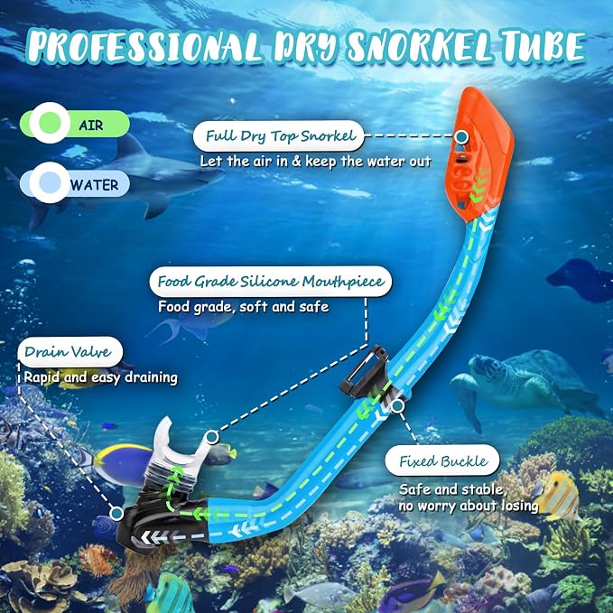 Snorkeling Gear for Kids, 4 in 1 Child Mask Fins Snorkel Set with Panoramic View Anti Fog Mask, Dry Top Snorkel, Trek Fins and Travel Bag, Kids Snorkeling Set with Fins for Snorkeling Swimming
