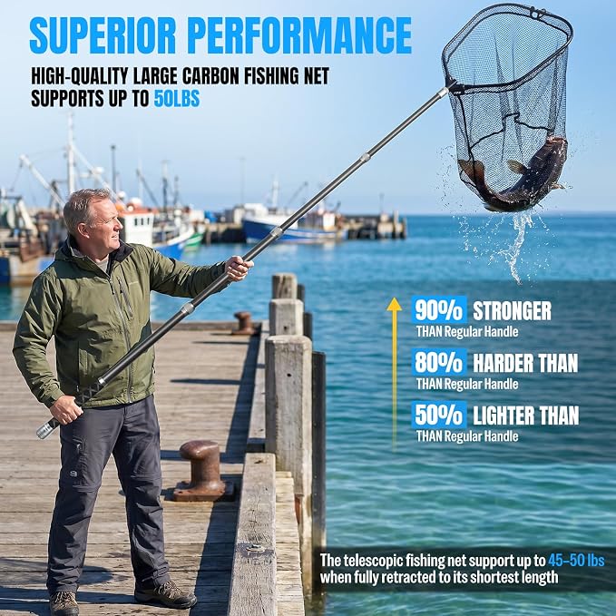 PLUSINNO Large Fishing Net, 3.4-7.7 FT Carbon Fiber Fish Net with Long Telescoping Handle, Kayak Fishing Gear Accessories Foldable Landing Net for Bass, Trout, Catfish, Fishing Gifts for Men Father