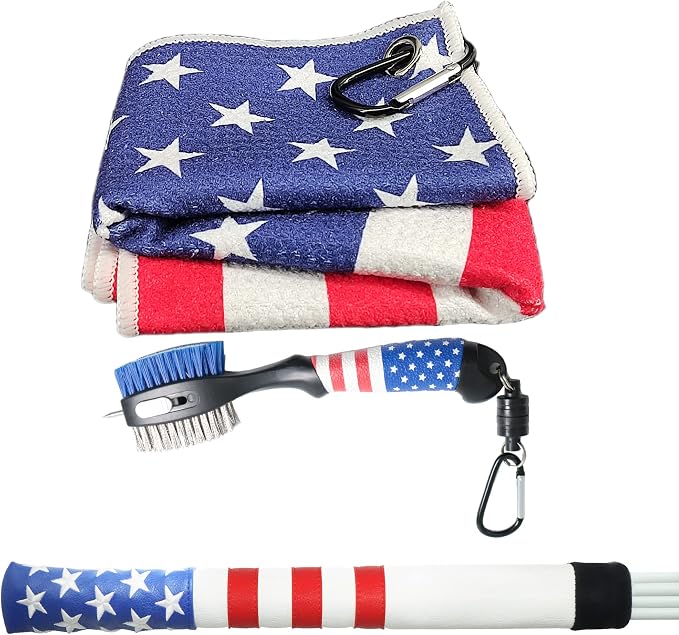 Amercian Flag Golf Towels and Brush & Golf Alignment Stick Cover, Golf Accessories for All Golfers