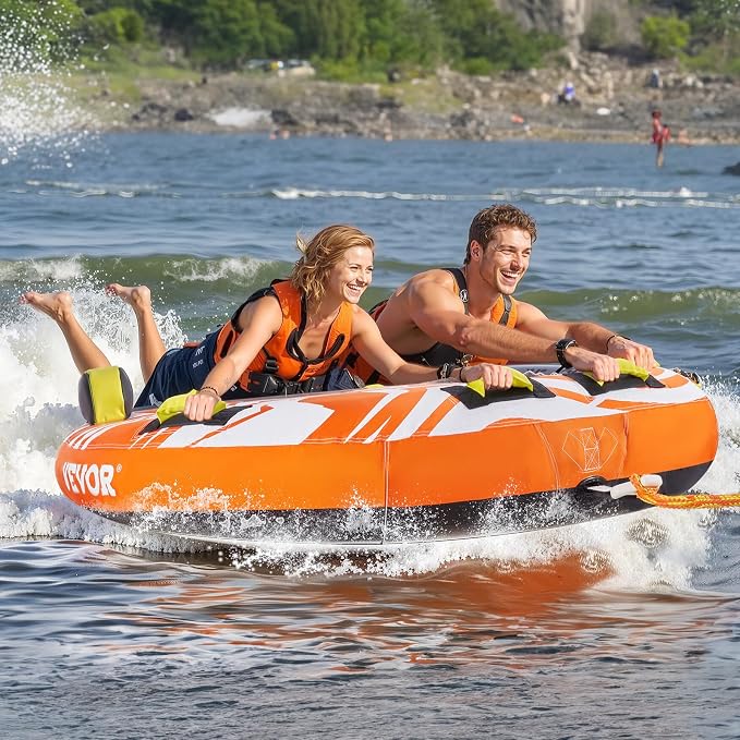 VEVOR Towable Tubes for Boating, 1-4 Riders Inflatable Boat Tubes & Towables, 340-680 lbs Capacity, Multiple Sizes with Full Nylon Cover, Padded/EVA Handles, Fins & Safety Valve (Multi-Option)