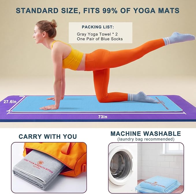 2 Pack Yoga Mat Towel with Bonus Grip Socks, Lavender Gray+Sky Blue | Elegant Embroidered, 1-Second Sweat Absorption & Non-Slip | Machine Washable Microfiber | Hot Yoga, Pilates | 73''*27.6''