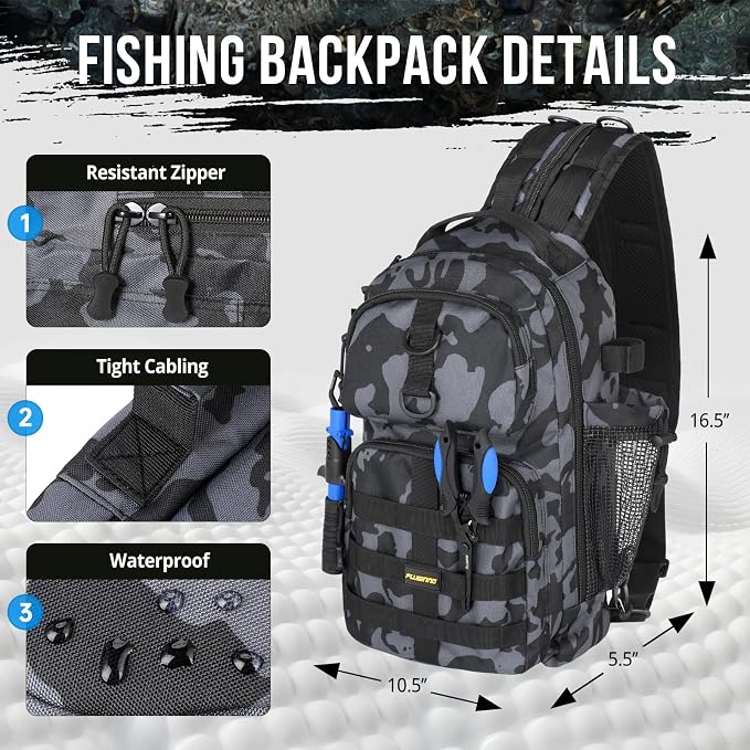 PLUSINNO Fishing Backpack with Floating Fishing Net, Tackle Boxes, Waterproof Sling Tackle Bag For Fish Gear With Rod Holder, Gifts for Men
