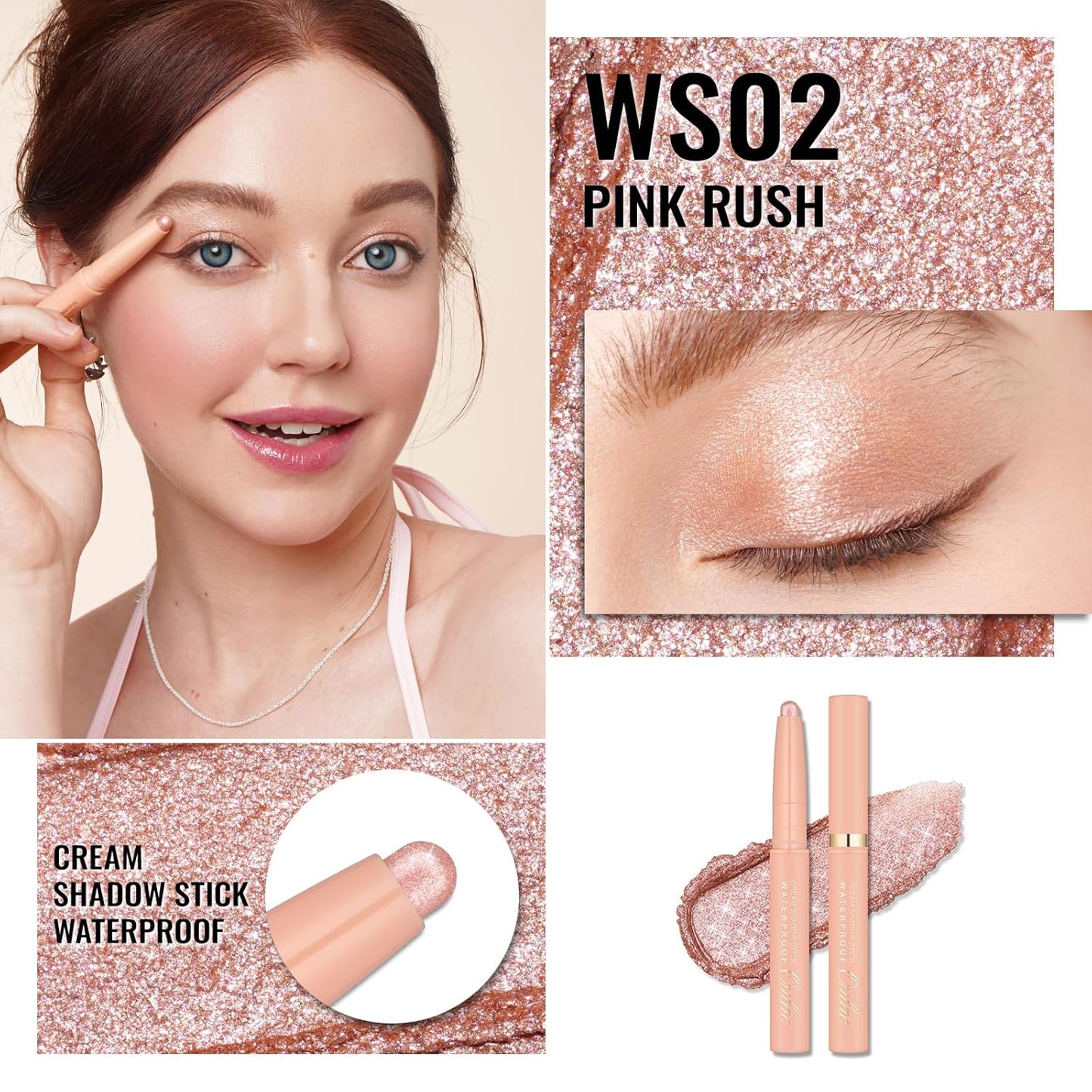 Oulac Nude Eyeshadow Crayon – Twist-Up Waterproof Stick, Soft Shimmer Finish, Vegan & Cruelty-Free, 1.25g, WS02 Pink Rush