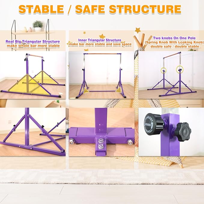 MARFULA 4FT/5FT Gymnastic Bar Set Gymnastics Kip Bar with 5 Ft Length 4Ft Inner Width 5ft Adjust Height Gymnastics Training Bar Equipment for Kids Professional Training Home and Club Use