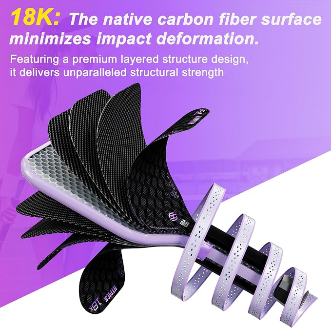 Pickleball Paddles, Carbon Fiber Pickleball Paddle High Grit & Spin with PP Honeycomb Core 16mm Thickness and Thermoformed Elongated Shape, Increased Power for Ultimate Spin & Consistency