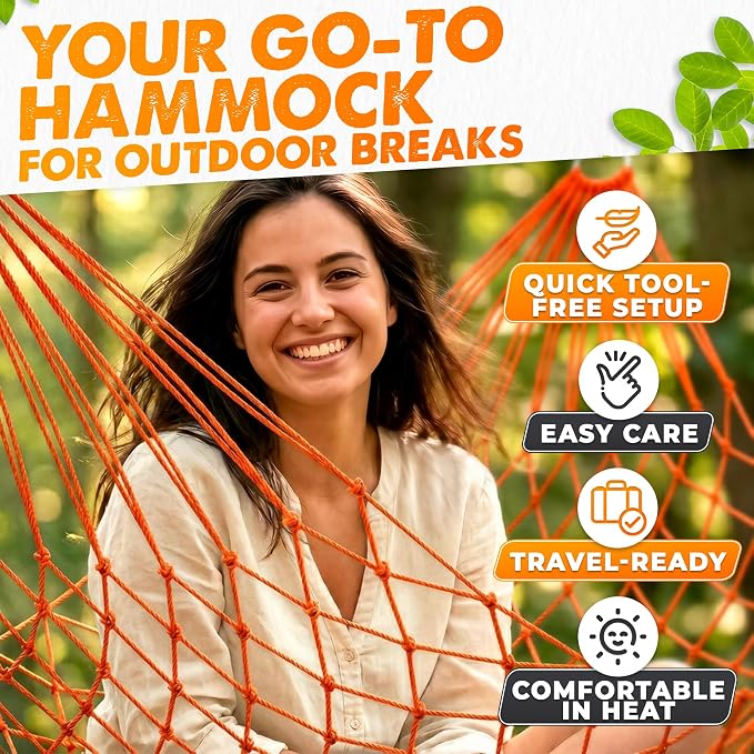 Mesh Hammock - Loop & Lounge Between Two Trees, Rope Hammocks for Outside Camping - No Stand Needed, 220 lb Capacity, Lightweight 13 oz Nylon Net Bed for Backyard Garden Patio Beach Travel, Orange