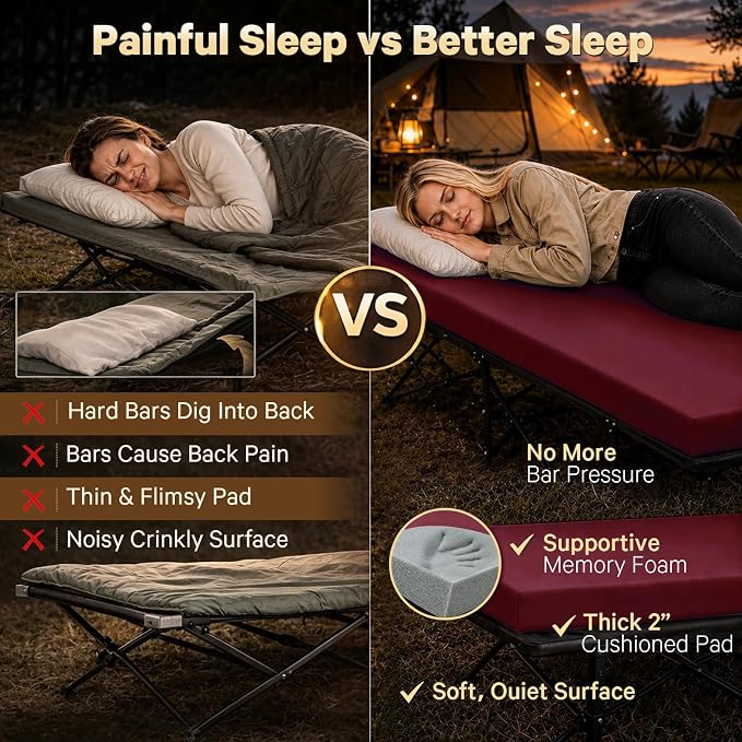 CYMULA Camping Cot Pad 2 Inch Memory Foam, Camping Pad for Folding Cot and Foldable Cot, Portable Roll Up Camp Gear for Car Camping Travel Tent, Non-Slip Waterproof Bottom, Removable Cover, Pad Only