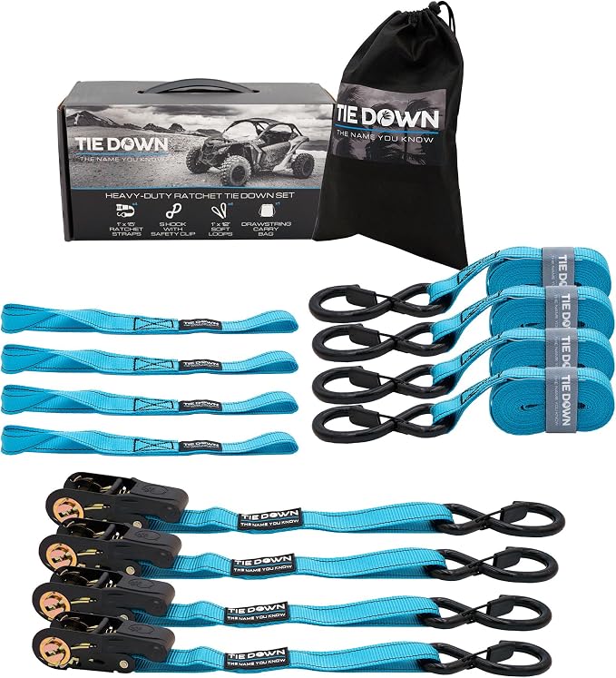 Tie Down 1 inch x 15 ft Blue Ratchet Strap, 4-Pack Kit - 2200 lbs. Breaking Load Limit