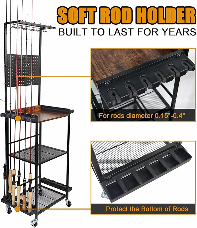 Aventik Fishing Rod Holders For Garage, 3-Tier Fishing Rod Rack Store 12 Rods& 8 Reels, Heavy Duty Pegboard Freestanding Rod Rack