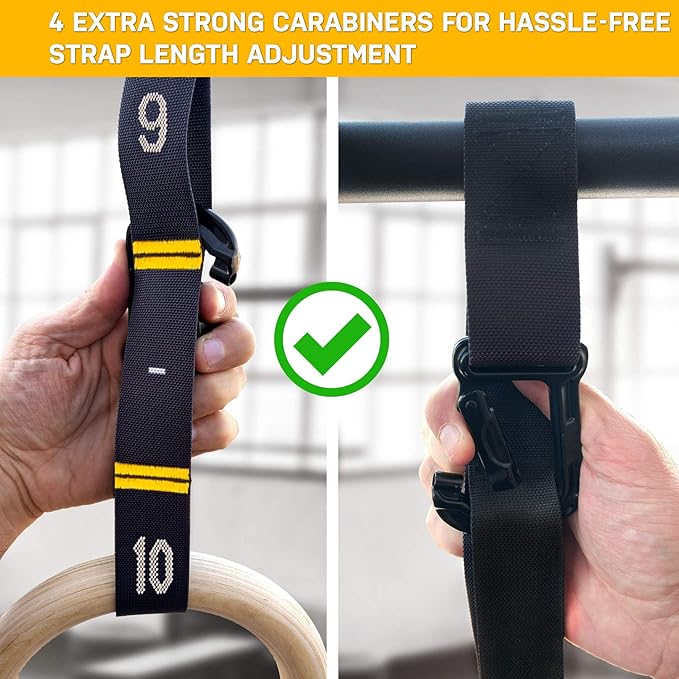 Double Circle Gymnastics Rings with Quick Adjust Numbered Straps and Exercise Videos Guide - Full Body Gym Rings - Calisthenics Rings Wooden Rings 1.25" (Wax Oil Finish)