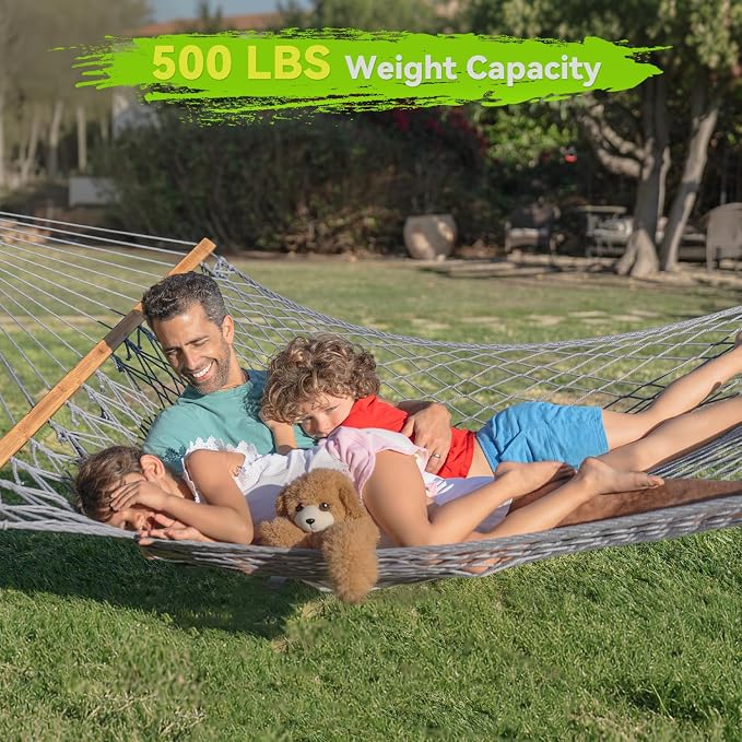 ANAGOO Double Hammock for 2 Person, Handwoven Rope Hammock with Spreader Bar Without Stand - Indoor & Outdoor Use for Patio, Poolside, Backyard (Grey)