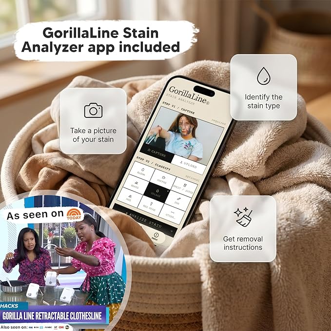 GorillaLine Basic - Retractable Clothesline Indoor Outdoor Clothes Line - Non-Sagging Heavy Duty Clothes Drying Laundry Line - Wall Mounted Drying Rack - Air Dry Clothing - Tighten with GorillaGrip
