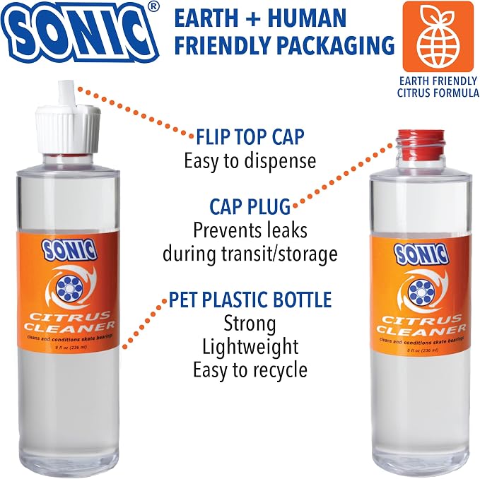 SONIC Citrus Skate Bearing Cleaner, Cleans Inline Skate, Roller Skate and Skateboard Bearings, Earth friendly, 16 oz total (8 oz per bottle), Made in USA, 2 pack