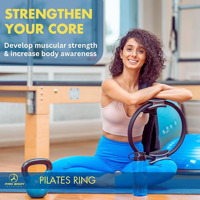 ProBody Pilates Home Workout Bundle (3pcs) - Black 14" Magic Circle, 9" Mini Exercise Ball and 5 Resistance Bands Bundle for Stability, Barre, Yoga, and Physical Therapy