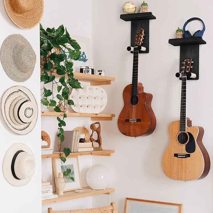 Keebofly Guitar Wall Hanger,2 Pack Guitar Wall Mount Holder Guitar Hanger Shelf with Pick Holder Wood Guitar Rack for Acoustic or Electric Guitar,Ukulele,Bass,Mandolin Black,[Patented]