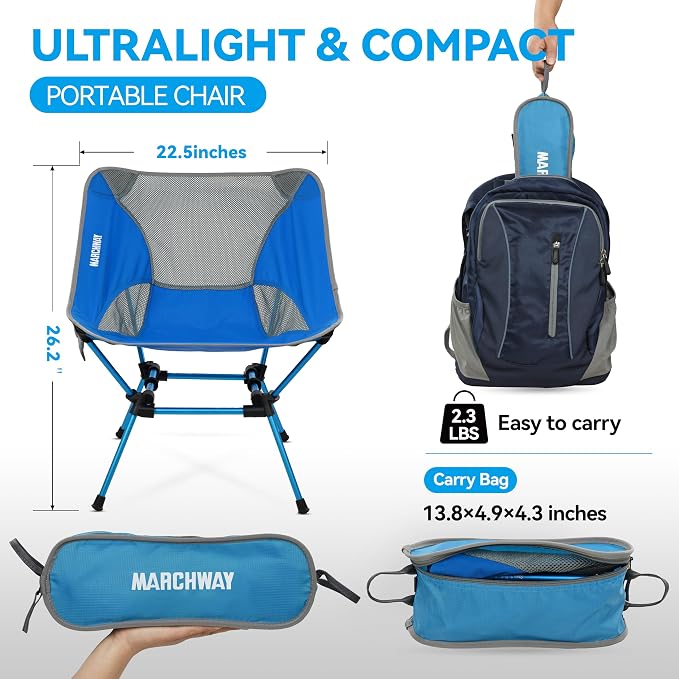 MARCHWAY Ultralight Folding Camping Chair, Heavy Duty Portable Compact for Outdoor Camp, Travel, Beach, Picnic, Festival, Hiking, Lightweight Backpacking (Bright Blue)