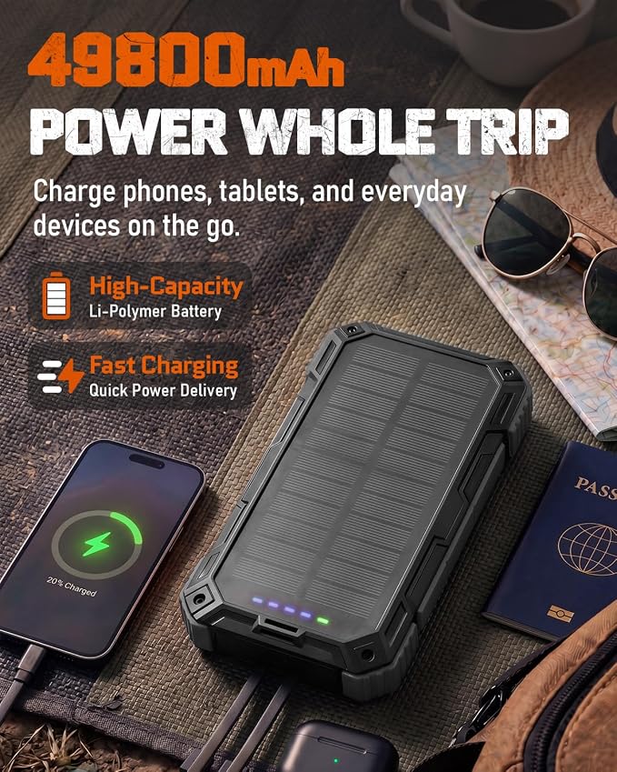 49800mAh Solar Charger Power Bank -Wireless, 4 Cables (Black) | IP65, Dual LED Flashlight, QC3.0, USB-C In/Out for Camping & Emergencies