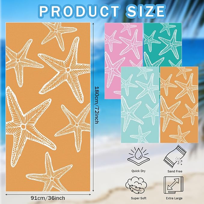 Tegeme 4 Pack Coastal Starfish Microfiber Thin Beach Towel Lightweight 71x36 Oversized Extra Large Sand Free Towels Quick Dry for Travel Pool Yoga Sports Beach Accessories Vacation Essential Gift