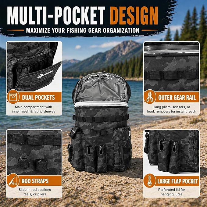 FUNHORUN Fishing Bucket Organizer for 5 Gallon Bucket, Fishing Tackle Bag with Backpack Straps, Detachable Lid & Multi-Pockets for Storage, Full Water-Resistant (Bucket, Seat & Tools Not Included)