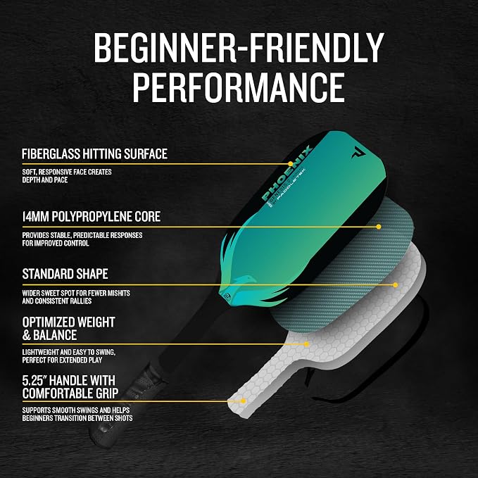 Paddletek Phoenix Genesis 2 – 14mm Pickleball Paddle – Fiberglass Composite Face – Easy Power & Soft Feel – USAPA Approved Pickle Ball Paddle – 5.25 Inch Handle