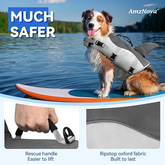 AMZNOVA Shark Dog Life Jacket + Rip Stop Dog Life Jacket, Durable Handle Reflective Buoyance