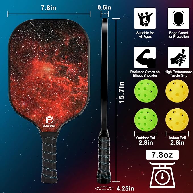 Dulce DOM Pickleball Paddles Set of 2/4 - USAPA Approved, 4 Indoor Outdoor Pickleball Balls, Fiberglass Surface Paddle Racket with Cover Bag, Ideal Training Equipment Gift for Men & Women