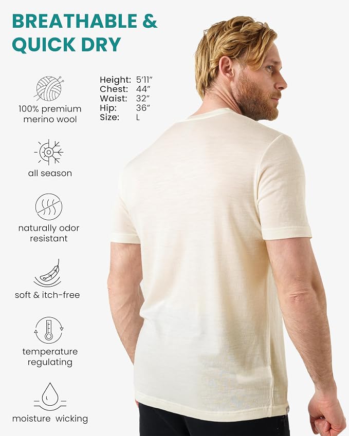 Merino Wool T-Shirt Mens - Merino Wool Undershirt Thermal Shirt for Men and Hiking Socks