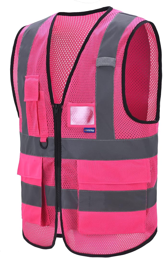 A-SAFETY High Visibility Mesh Safety Reflective Vest with Pockets and Zipper,Hi Viz Work Vest for Men Women (Pink Mesh 4XL-5XL)