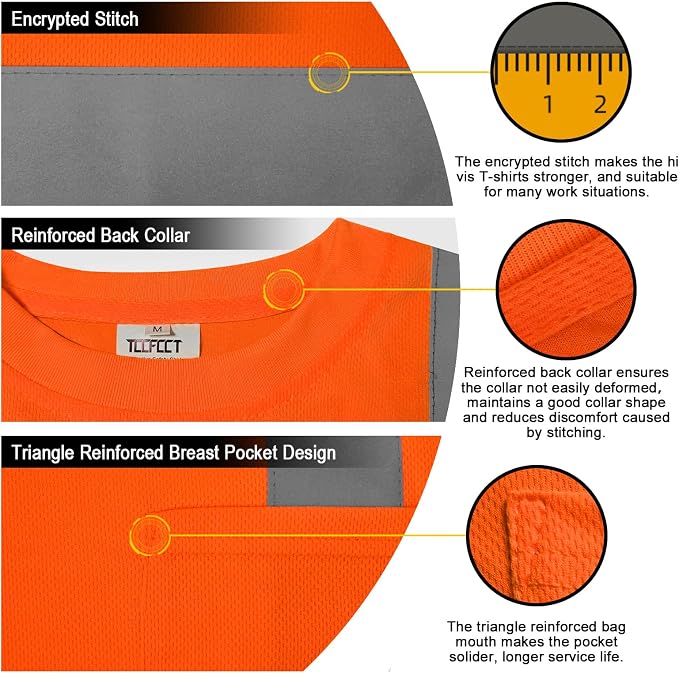 TCCFCCT Construction Shirts Class 3 High Visibility Shirts for Men, Hi Vis Reflective Safety Shirts for Men Women, Work Shirts with Short Sleeves, Durable & Breathable, DC-Orange 5XL