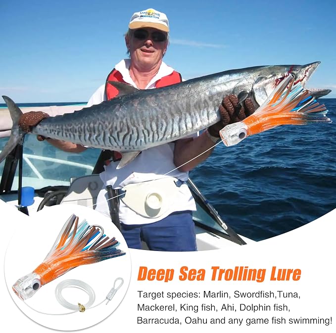 Trolling Lures Saltwater for Tuna Mahi Marlin Wahoo Dolphin Shark Offshore Trolling Baits with Squid Skirt Big Game Fishing Lures Deep Sea Squid Skirts Rig 6/9 inch