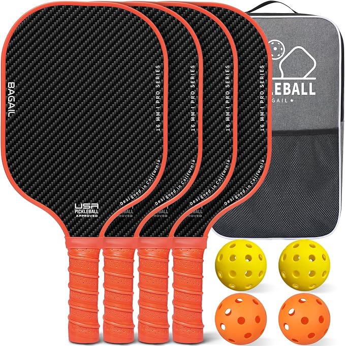 BAGAIL Pickleball Paddles, USAPA Approved Fiberglass Surface Pickleball Set, Lightweight Pickle Ball Rackets with 4 Balls, 1 Bag, Designed in California for Traction and Stability