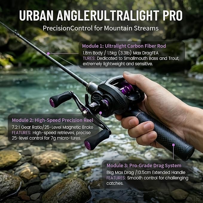 Left-Hand Bait Finesse System Telescopic Rod and Reel BFS Combo | Ultralight BFS kit with 5'10" UL carbon rod, left-hand baitcasting reel, 7g micro jigs, and deep-throat hook remover.
