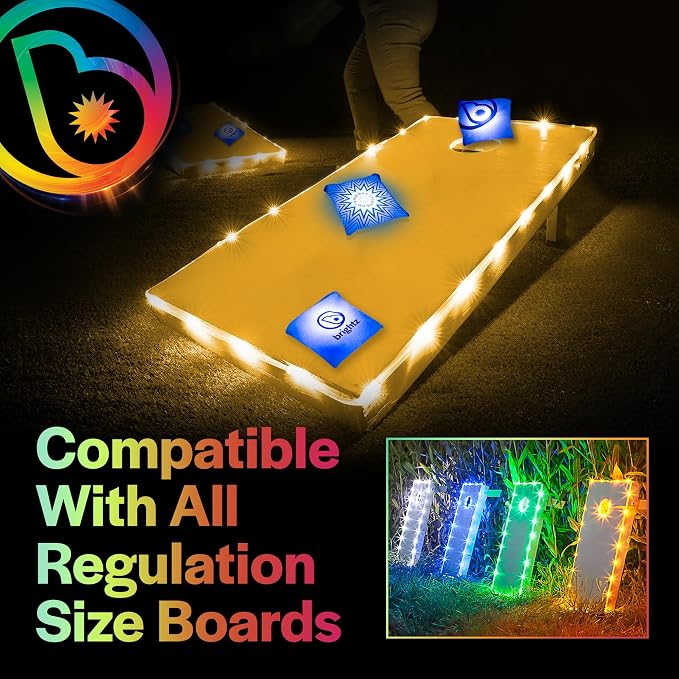 Brightz Cornhole Board Edge Lights with LED Bags - Includes 4-Pack of LED Cornhole Bags + TossBrightz Cornhole Board Edge Lights - The Ultimate Night Time Cornhole Master Set