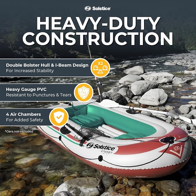 Solstice Voyager 4-Person Inflatable Fishing Boat with Dual Swivel Oar Locks and Rod -Holder, Motor Compatible 9' x 5'