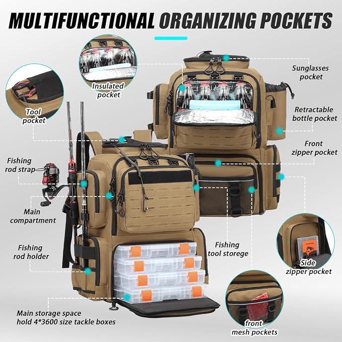 Tactical Fishing Backpack with Tackle Boxes, Rod Holders & Bottle Holder, 50 L Large Insulated Fishing Tackle Box Backpack with Cooler, Fishing Bag Store Gear & Equipment, 900 D Oxford, Brown